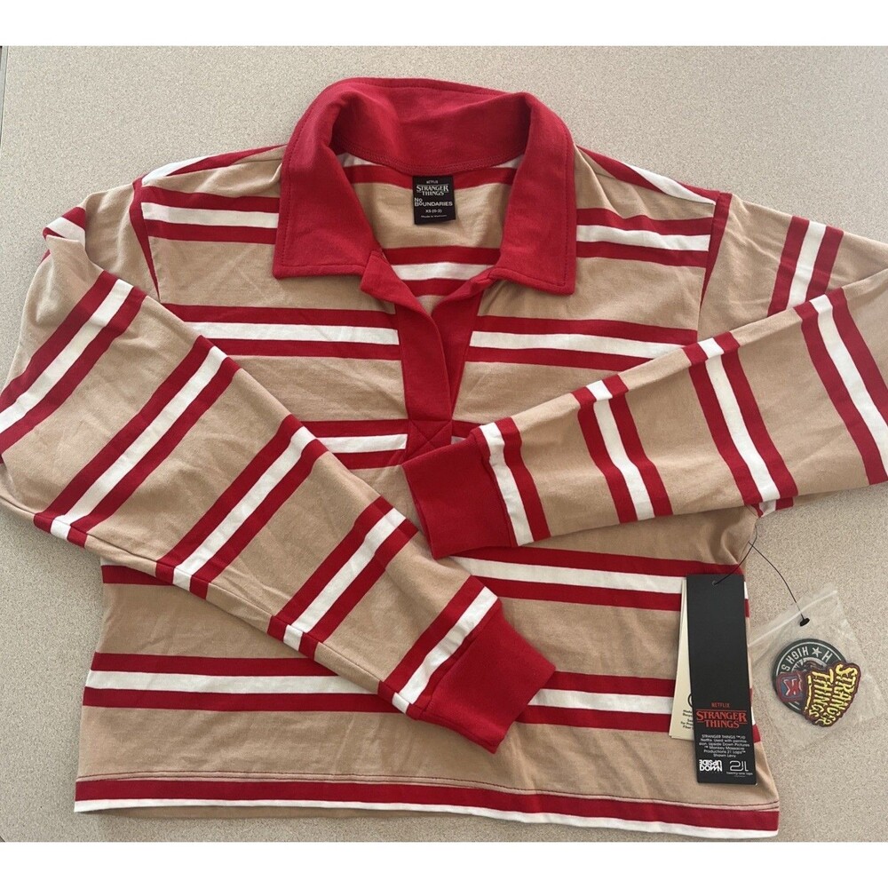 No Boundaries Stranger Things Long Sleeve Striped Cropped Rugby Polo  NWT Sz XS
